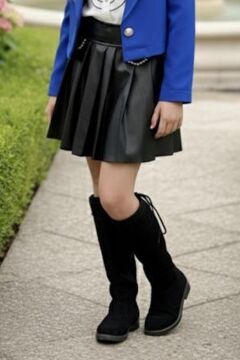 Kız Çocuk Elmas Taşlı Volanlı Gömlek Lacivert Blazer Ceket Taş Detaylı Deri Etekli Takım