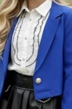 Kız Çocuk Elmas Taşlı Volanlı Gömlek Lacivert Blazer Ceket Taş Detaylı Deri Etekli Takım