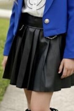 Kız Çocuk Elmas Taşlı Volanlı Gömlek Lacivert Blazer Ceket Taş Detaylı Deri Etekli Takım