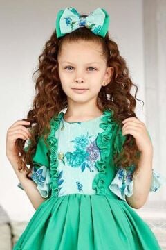 Kız Çocuk Balon Kollu Göğsü Çiçek Detaylı Etek Ucu Fırfırlı Astarlı Yeşil Elbise
