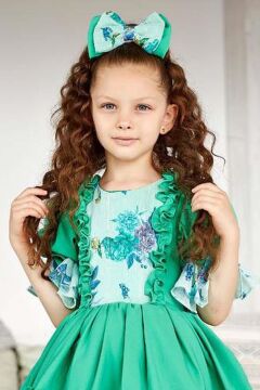 Kız Çocuk Balon Kollu Göğsü Çiçek Detaylı Etek Ucu Fırfırlı Astarlı Yeşil Elbise