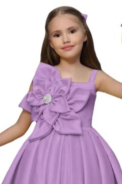 Kız Çocuk Göğsü Çiçek Detaylı Kalın Askılı Lila Abiye