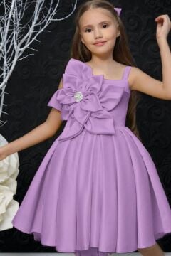 Kız Çocuk Göğsü Çiçek Detaylı Kalın Askılı Lila Abiye
