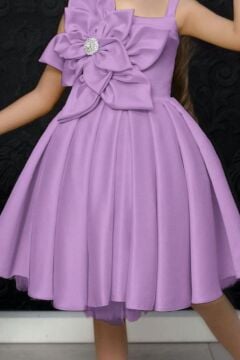 Kız Çocuk Göğsü Çiçek Detaylı Kalın Askılı Lila Abiye