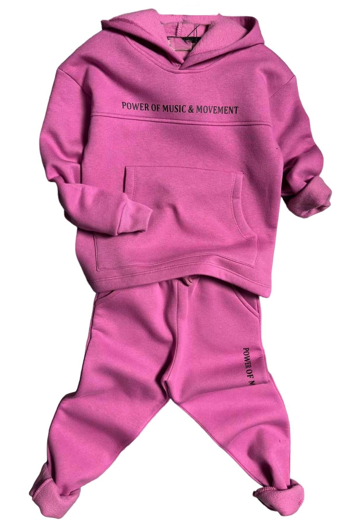 Kız Çocuk Power Of Music Yazı Baskı Kapüşonlu 3 İplik Fuşya Eşofman Takım
