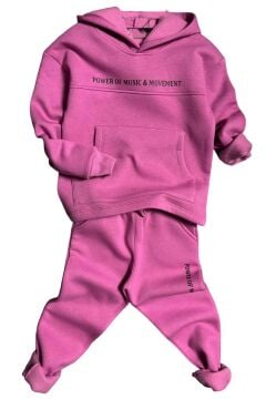 Kız Çocuk Power Of Music Yazı Baskı Kapüşonlu 3 İplik Fuşya Eşofman Takım