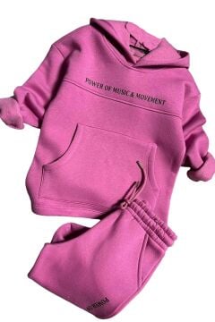 Kız Çocuk Power Of Music Yazı Baskı Kapüşonlu 3 İplik Fuşya Eşofman Takım