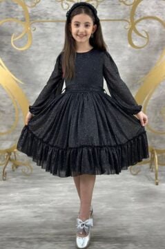 Kız Çocuk Sıfır Yaka Kolları Transparan Eteği Tüllü Simli Siyah Abiye