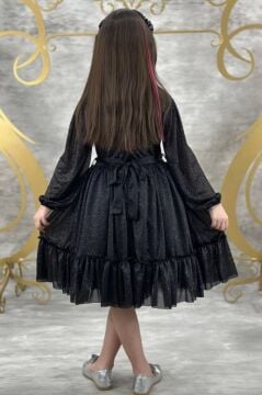 Kız Çocuk Sıfır Yaka Kolları Transparan Eteği Tüllü Simli Siyah Abiye