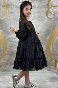 Kız Çocuk Sıfır Yaka Kolları Transparan Eteği Tüllü Simli Siyah Abiye