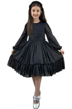 Kız Çocuk Sıfır Yaka Kolları Transparan Eteği Tüllü Simli Siyah Abiye