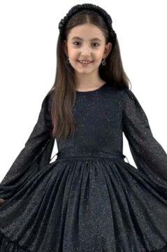 Kız Çocuk Sıfır Yaka Kolları Transparan Eteği Tüllü Simli Siyah Abiye