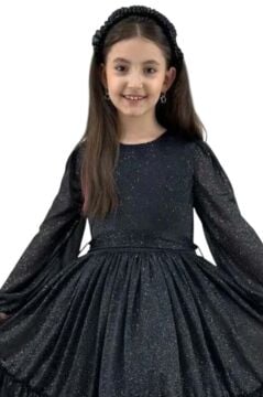 Kız Çocuk Sıfır Yaka Kolları Transparan Eteği Tüllü Simli Siyah Abiye