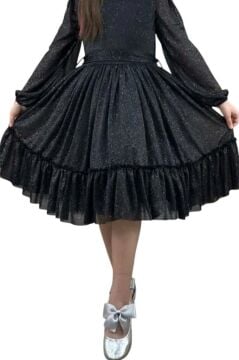 Kız Çocuk Sıfır Yaka Kolları Transparan Eteği Tüllü Simli Siyah Abiye