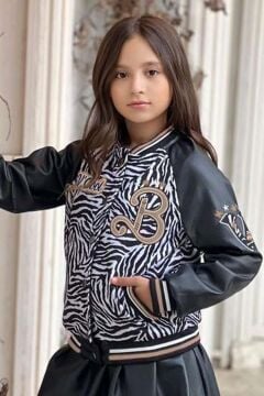 Kız Çocuk V Cool Yazı Baskılı Sweatshirt Zebra ve Gold Şerit Detaylı Deri Ceketli Etekli Takım