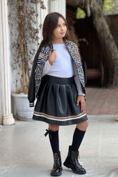 Kız Çocuk V Cool Yazı Baskılı Sweatshirt Zebra ve Gold Şerit Detaylı Deri Ceketli Etekli Takım