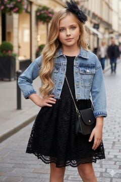 Kız Çocuk Jean Ceketli Dantel İşlemeli Tüllü Siyah Abiye