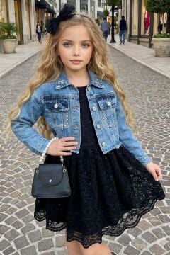 Kız Çocuk Jean Ceketli Dantel İşlemeli Tüllü Siyah Abiye
