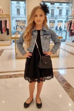 Kız Çocuk Jean Ceketli Dantel İşlemeli Tüllü Siyah Abiye