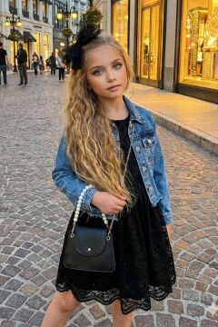 Kız Çocuk Jean Ceketli Dantel İşlemeli Tüllü Siyah Abiye