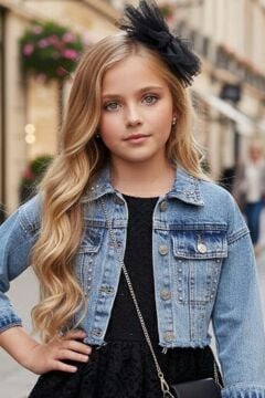 Kız Çocuk Jean Ceketli Dantel İşlemeli Tüllü Siyah Abiye