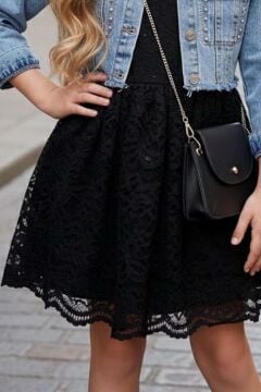 Kız Çocuk Jean Ceketli Dantel İşlemeli Tüllü Siyah Abiye