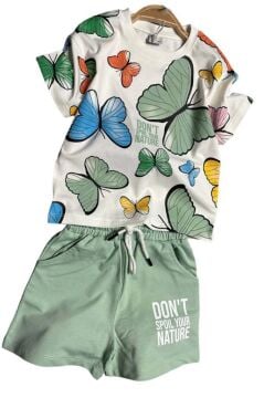 Kız Çocuk Kelebek Desenli Kısa Kollu Yeşil Şortlu Takım