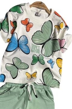 Kız Çocuk Kelebek Desenli Kısa Kollu Yeşil Şortlu Takım