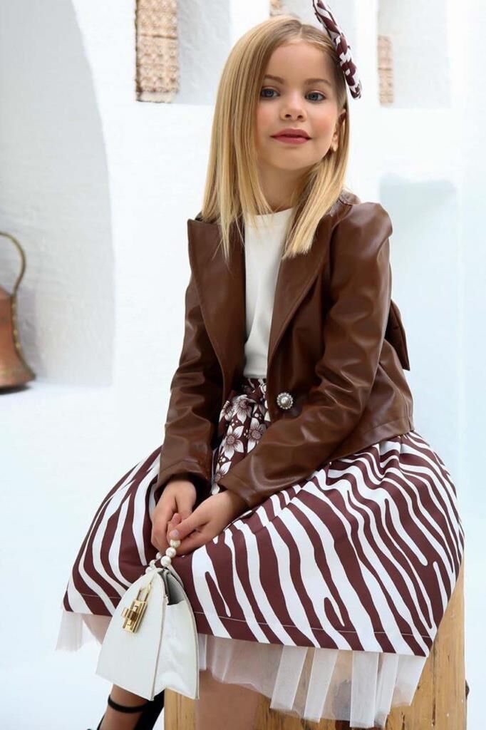 Kız Çocuk Deri Ceket ve Zebra Baskılı Saten Kahverengi Etekli Takım