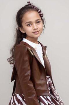 Kız Çocuk Deri Ceket ve Zebra Baskılı Saten Kahverengi Etekli Takım