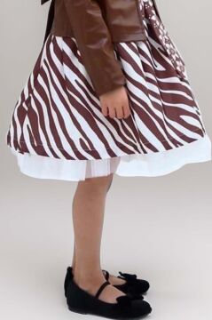 Kız Çocuk Deri Ceket ve Zebra Baskılı Saten Kahverengi Etekli Takım