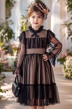 Kız Çocuk Palyaço Yaka ve Göğsü Kat Fırfırlı Üzeri Puantiye Detaylı İçi Astarlı Siyah Abiye