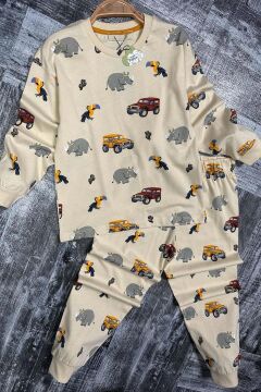 Erkek Çocuk Üzerinde Fil ve Papağan Digital Baskılı Krem Pijama Takımı
