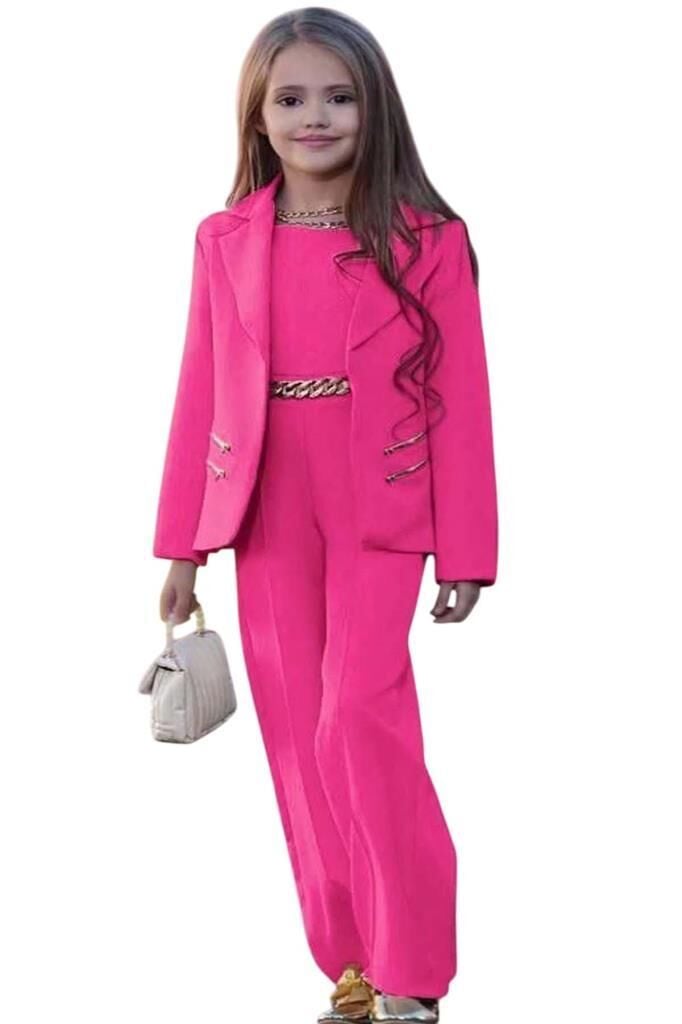 Kız Çocuk Blazer Ceket ve Zincir Detaylı Fuşya Tulum