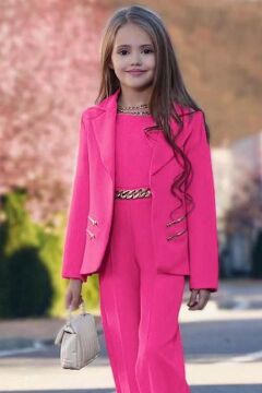 Kız Çocuk Blazer Ceket ve Zincir Detaylı Fuşya Tulum