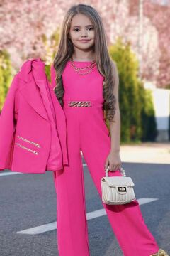 Kız Çocuk Blazer Ceket ve Zincir Detaylı Fuşya Tulum