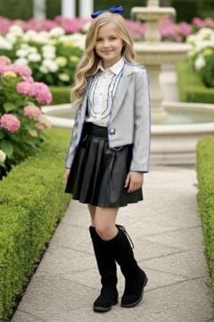 Kız Çocuk Elmas Taşlı Volanlı Gömlek Beyaz Blazer Ceket Taş Detaylı Deri Etekli Takım