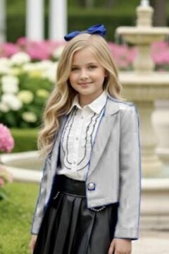 Kız Çocuk Elmas Taşlı Volanlı Gömlek Beyaz Blazer Ceket Taş Detaylı Deri Etekli Takım