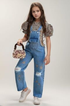 Kız Çocuk Leopar Desenli Balon Kollu Bluz Yıldız Baskılı Yırtık Detaylı Kot Tulum