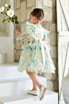 Kız Çocuk Omuzları ve Beli Fırfırlı Puantiye Detaylı Şeffaf Tül Çiçek Desenli Kabarık Mavi Elbise