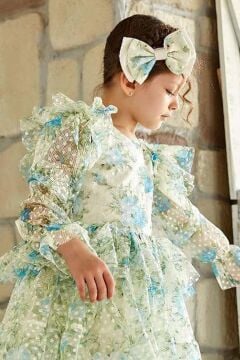 Kız Çocuk Omuzları ve Beli Fırfırlı Puantiye Detaylı Şeffaf Tül Çiçek Desenli Kabarık Mavi Elbise