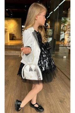 Kız Çocuk Yakası Pulpayet İşlemeli Blazer Beyaz Ceket Üzeri Gül Detaylı Şeffaf Tül Kolsuz Elbise