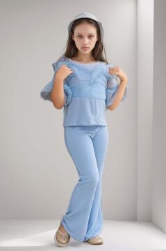 Kız Çocuk Kolları ve Yakası Transparan Tül Şerit Detaylı Üzeri Simli Mavi Alt Üst Takım