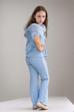 Kız Çocuk Kolları ve Yakası Transparan Tül Şerit Detaylı Üzeri Simli Mavi Alt Üst Takım