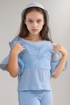 Kız Çocuk Kolları ve Yakası Transparan Tül Şerit Detaylı Üzeri Simli Mavi Alt Üst Takım