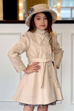 Kız Çocuk Leopar Desen Elbise Taş İşleme Yaka Boydan Düğme ve Kemer Detaylı Krem Kaşe Kaban