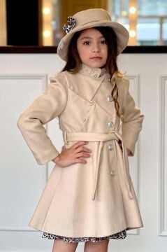 Kız Çocuk Leopar Desen Elbise Taş İşleme Yaka Boydan Düğme ve Kemer Detaylı Krem Kaşe Kaban