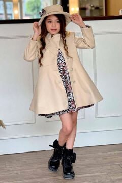 Kız Çocuk Leopar Desen Elbise Taş İşleme Yaka Boydan Düğme ve Kemer Detaylı Krem Kaşe Kaban