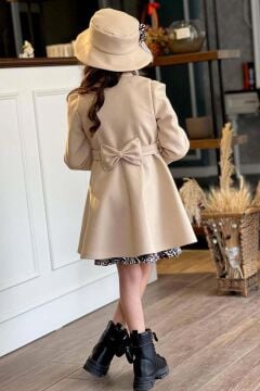 Kız Çocuk Leopar Desen Elbise Taş İşleme Yaka Boydan Düğme ve Kemer Detaylı Krem Kaşe Kaban