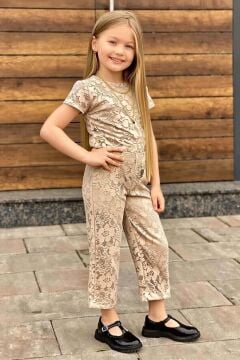 Kız Çocuk Boydan Üzeri Dantel İşlemeli Şeffaf Tül İçi Astarlı Bej Tulum